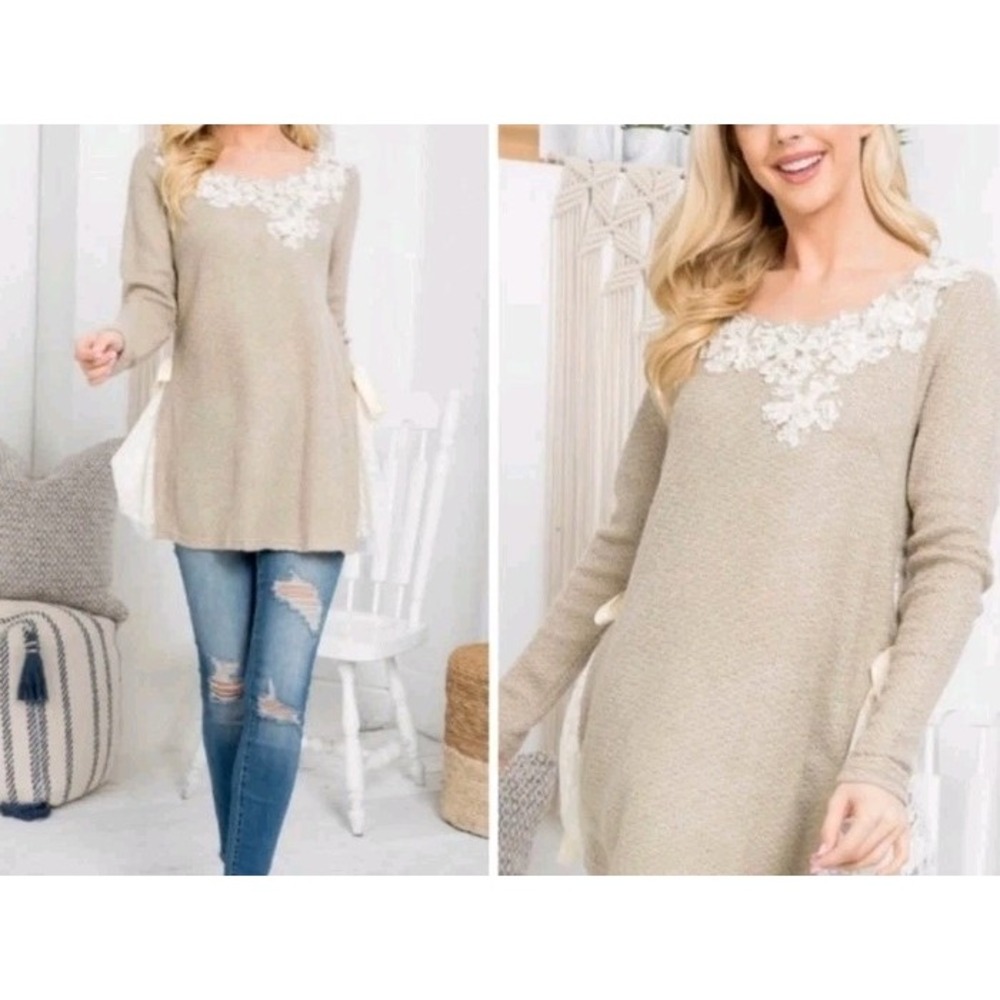 A'reve Lace Panel Waffle Knit Tunic Top Oversized Small Boho Coquette Girl Beige
